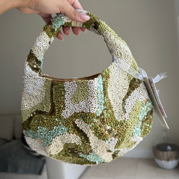 Handbags - Handmade Green & Cream Beaded Hobo Bag – Sequin Abstract Pattern